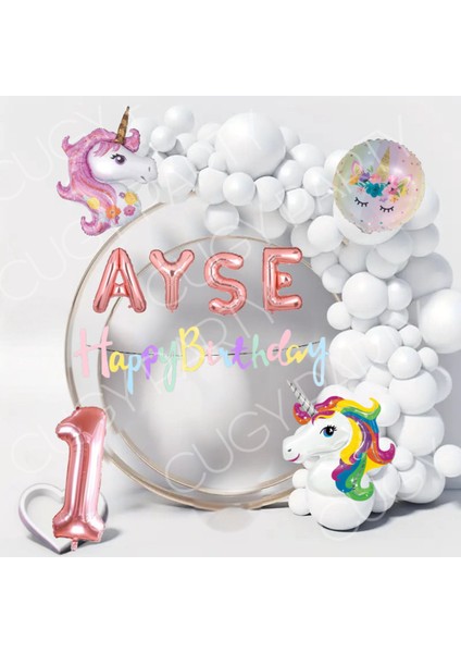 Kız Cocuk Isim Yazılı Doğum Günü Süsü Parti Seti Unıkorn Temalı Konsept Beyaz Balon Zinciri Set