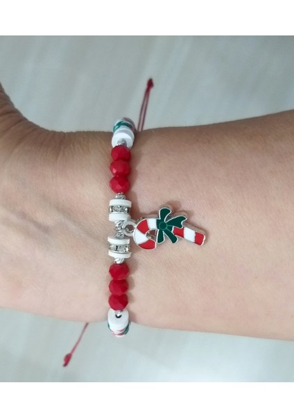 Noel Süslü Fimo ve Kırmızı Kristal Boncuklu Yılbaşı Bileklik