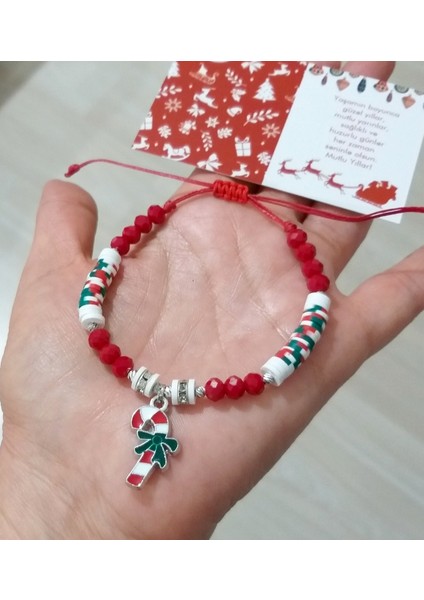 Noel Süslü Fimo ve Kırmızı Kristal Boncuklu Yılbaşı Bileklik