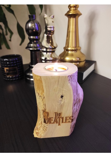 The Beatles Yazılı Tea Light Kütük Mumluk Şimşir Ağacından