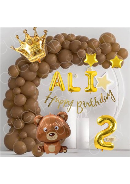 Erkek Cocuk Doğum Günü Süsü Şirin Ayıcık Figürlü Özel Isim Yazılı Kahverengi Balon Zinciri Seti