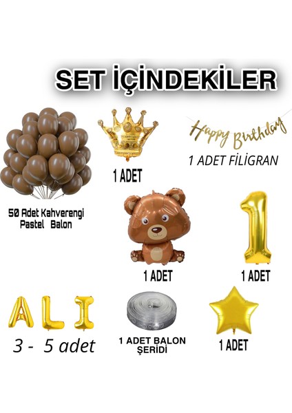 Erkek Cocuk Doğum Günü Süsü Şirin Ayıcık Figürlü Özel Isim Yazılı Kahverengi Balon Zinciri Seti fiyatları