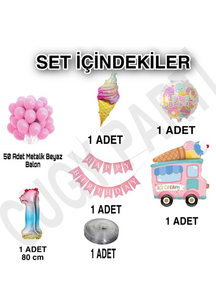 Kız Doğum Günü Süsü Parti Seti Dondurma Arabası ve Külahlı Konsept Pembe Balon Zinciri ve Folyo Seti