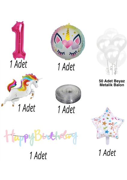 Kız Cocuk Doğum Günü Parti Seti Unıkorn Temalı Beyaz Balon Zinciri ve Figürlü Folyo Balon Seti fiyatları