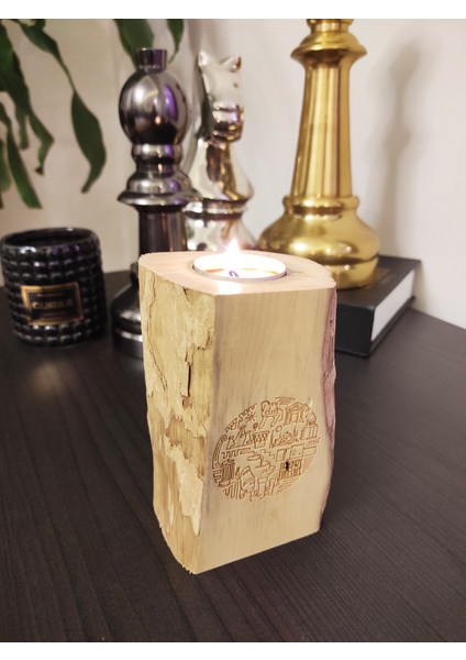 Türkiye Tarihi Eserleri Şekilli Tea Light Kütük Mumluk Şimşir Ağacından