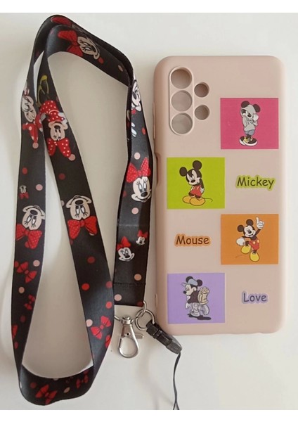 Samsung Galaxy A13 Uyumlu Mickey Mouse Tasarım Telefon Boyun Askılı Set Lansman Kılıf