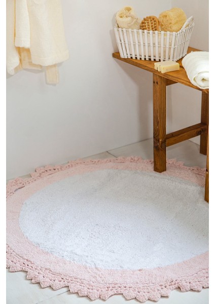 Pembe ve beyaz pamuk banyo paspası 90x90 cm, orta yükseklik, şık ve konforlu kullanım