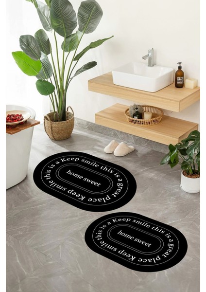 Siyah Beyaz Dijital Kaymaz Yıkanabilir Banyo Klozet Takımı 90x60 cm