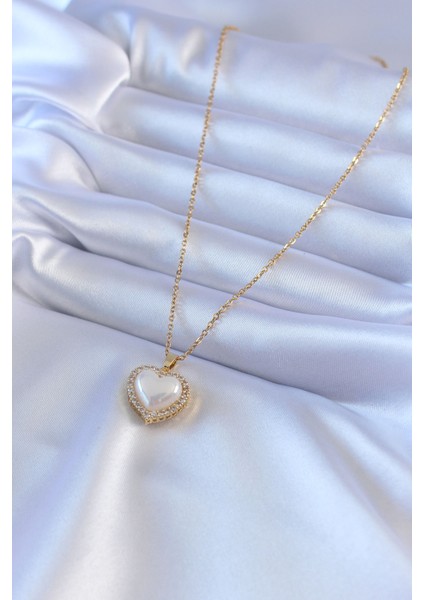 Mulvxxmd XDN02 Çelik Gold Renk Incili Kalp Model Zirkon Taşlı Kadın Kolye (Mulvix)