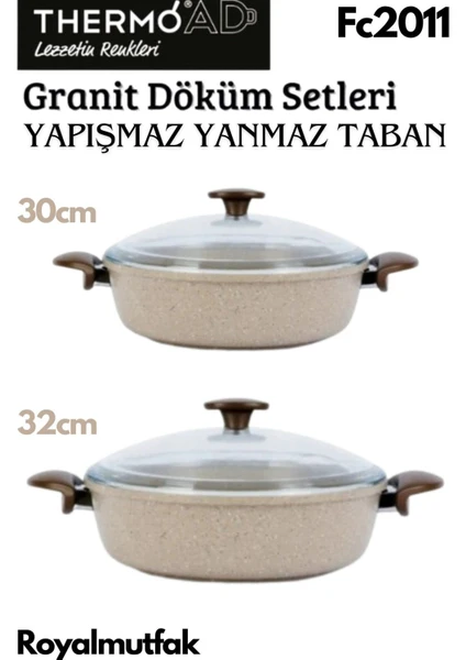 Döküm Granit Vizon Basık Karnıyarık Pilav Cam Kapaklı Tencere 30-32CM