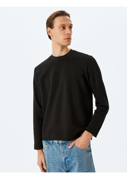 Bisiklet Yaka Uzun Kollu Pamuk Karışımlı Dikiş Detaylı Basic Sweatshirt modelleri