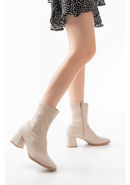 MSK-033 Streç Bej Topuklu Fermuarlı Kadın Bot modelleri