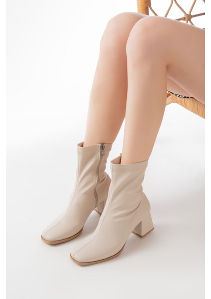 MSK-033 Streç Bej Topuklu Fermuarlı Kadın Bot fırsatları