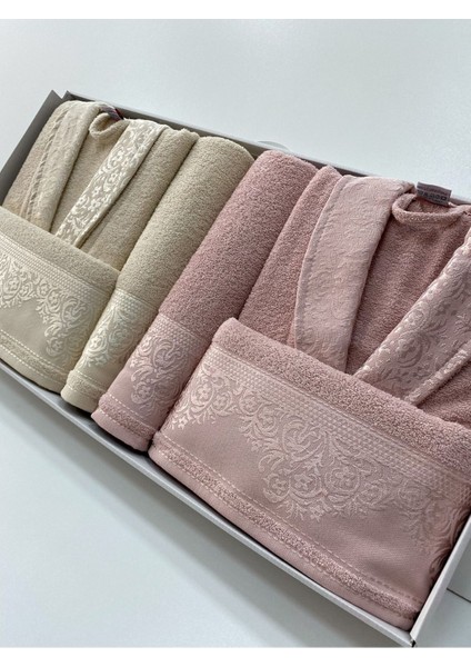 6'lı pamuklu bej pudra bornoz seti, rahat ve şık ev giyim ürünü