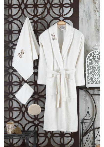 5 Parça Nakışlı Pamuk Bornoz Takımı, Ekru, Konfor ve Şıklık Sunar