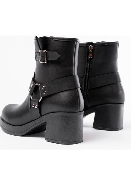 5109-3042 Siyah Toka Aksesuarlı Fermuarlı Kalın Topuklu Günlük Kadın Bot indirimleri