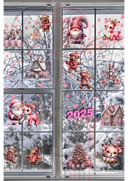 Yeni Yıl Pembe Sevimli Yılbaşı Figürleri Hoşgeldin 2025 Yeni Sezon Cam Kapı Duvar Sticker Seti