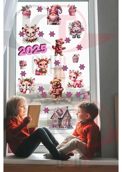 Yeni Yıl Pembe Sevimli Yılbaşı Figürleri Hoşgeldin 2025 Yeni Sezon Cam Kapı Duvar Sticker Seti fiyatları