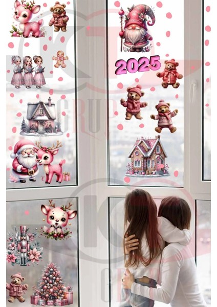 Yeni Yıl Pembe Sevimli Yılbaşı Figürleri Hoşgeldin 2025 Yeni Sezon Cam Kapı Duvar Sticker Seti modelleri