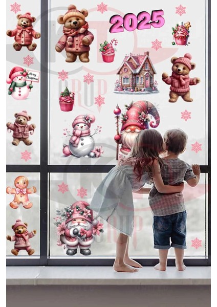 Yeni Yıl Pembe Sevimli Yılbaşı Figürleri Hoşgeldin 2025 Yeni Sezon Cam Kapı Duvar Sticker Seti fiyatları