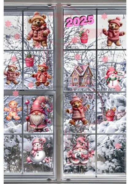 Yeni Yıl Pembe Sevimli Yılbaşı Figürleri Hoşgeldin 2025 Yeni Sezon Cam Kapı Duvar Sticker Seti modelleri