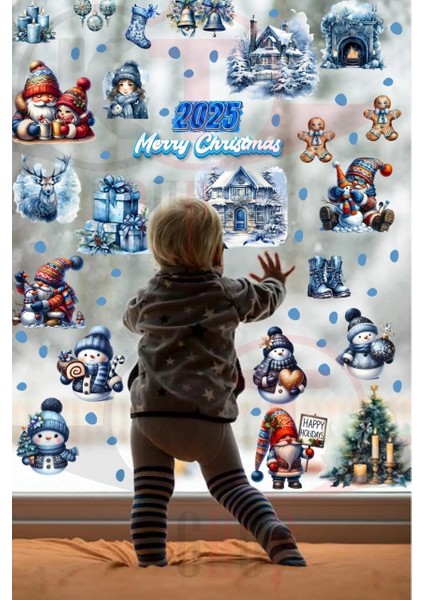 Yeni Yıl Mavi Sevimli Yılbaşı Figürleri Hoşgeldin 2025 Yeni Sezon Cam Kapı Duvar Sticker Seti