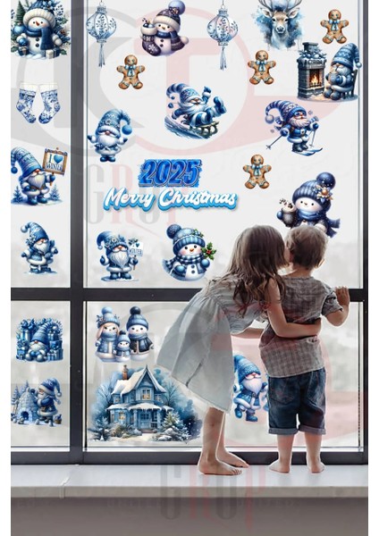Yeni Yıl Mavi Sevimli Yılbaşı Figürleri Hoşgeldin 2025 Yeni Sezon Cam Kapı Duvar Sticker Seti