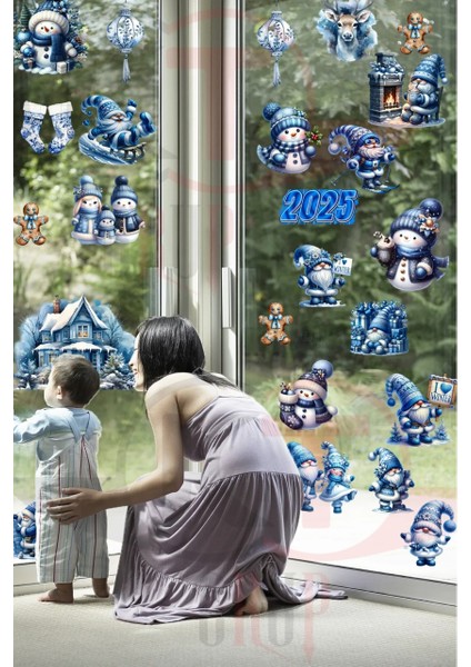 Yeni Yıl Mavi Sevimli Yılbaşı Figürleri Hoşgeldin 2025 Yeni Sezon Cam Kapı Duvar Sticker Seti fiyatları