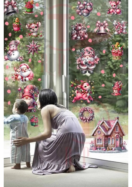 Yeni Yıl Pembe Sevimli Yılbaşı Figürleri Hoşgeldin 2025 Yeni Sezon Cam Kapı Duvar Sticker Seti