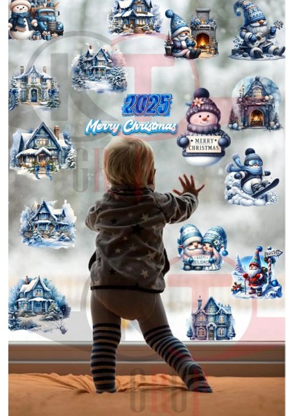 Yeni Yıl Mavi Sevimli Yılbaşı Figürleri Hoşgeldin 2025 Yeni Sezon Cam Kapı Duvar Sticker Seti