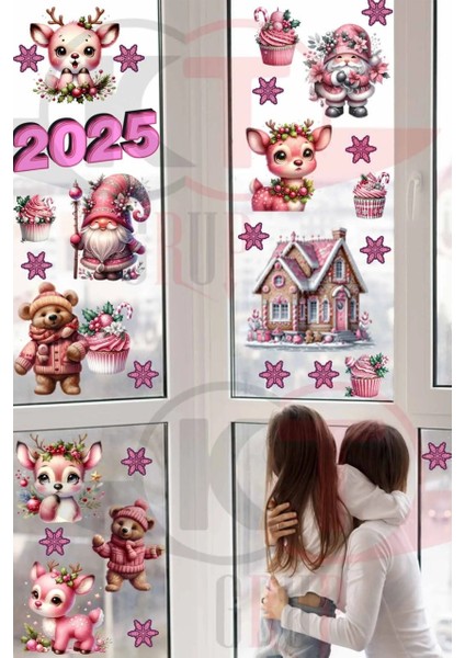 Yeni Yıl Pembe Sevimli Yılbaşı Figürleri Hoşgeldin 2025 Yeni Sezon Cam Kapı Duvar Sticker Seti fiyatları
