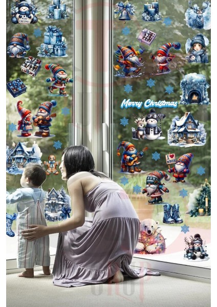 Yeni Yıl Mavi Sevimli Yılbaşı Figürleri Hoşgeldin 2025 Yeni Sezon Cam Kapı Duvar Sticker Seti