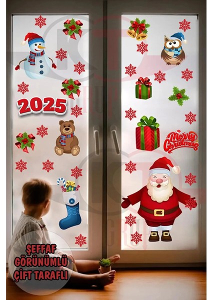 Yeni Yıl Yılbaşı Hoşgeldin 2025 Şeffaf Çift Taraflı Cam Kapı Duvar Sticker Seti
