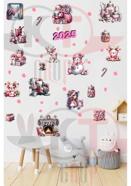 Yeni Yıl Pembe Sevimli Yılbaşı Figürleri Hoşgeldin 2025 Yeni Sezon Cam Kapı Duvar Sticker Seti fiyatları