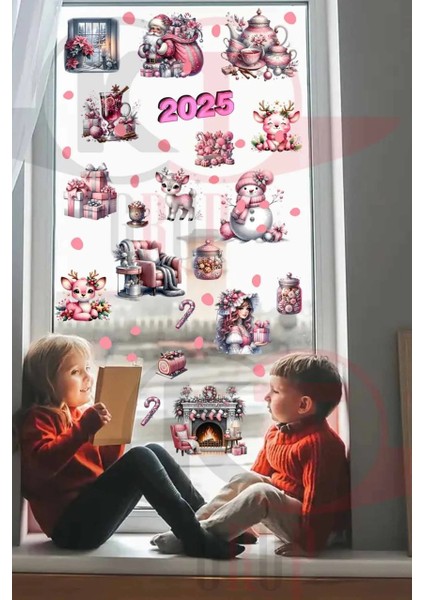 Yeni Yıl Pembe Sevimli Yılbaşı Figürleri Hoşgeldin 2025 Yeni Sezon Cam Kapı Duvar Sticker Seti modelleri