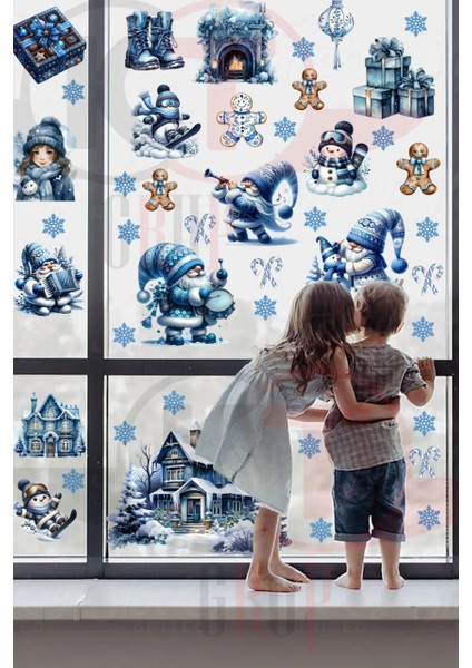 Yeni Yıl Mavi Sevimli Yılbaşı Figürleri Hoşgeldin 2025 Yeni Sezon Cam Kapı Duvar Sticker Seti