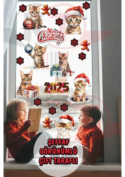 Yeni Yıl Yılbaşı Hoşgeldin 2025 Şeffaf Çift Taraflı Cam Kapı Duvar Sticker Seti