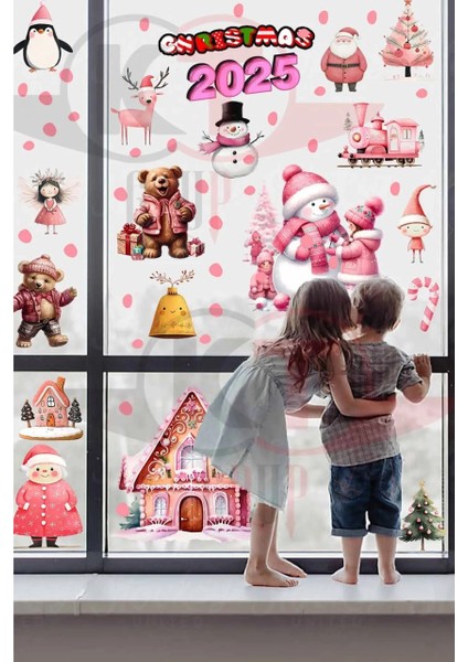Yeni Yıl Pembe Sevimli Yılbaşı Figürleri Hoşgeldin 2025 Yeni Sezon Cam Kapı Duvar Sticker Seti