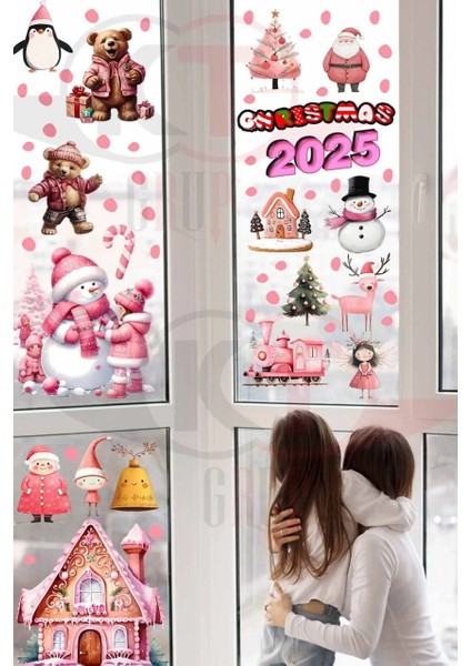 Yeni Yıl Pembe Sevimli Yılbaşı Figürleri Hoşgeldin 2025 Yeni Sezon Cam Kapı Duvar Sticker Seti fiyatları