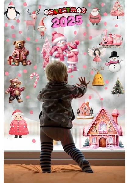 Yeni Yıl Pembe Sevimli Yılbaşı Figürleri Hoşgeldin 2025 Yeni Sezon Cam Kapı Duvar Sticker Seti modelleri