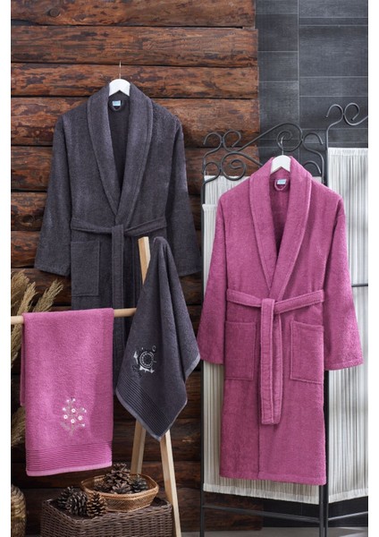 4'lü Pamuklu Havlulu Bornoz Seti, Gri, Antrasit ve Mürdüm renk seçenekleri