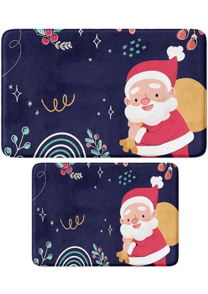 Sevimli Baskılı Yılbaşı Dekoru Banyo Paspası Seti, Mikrofiber, Kaymaz Taban, 50x80 ve 40x60 cm