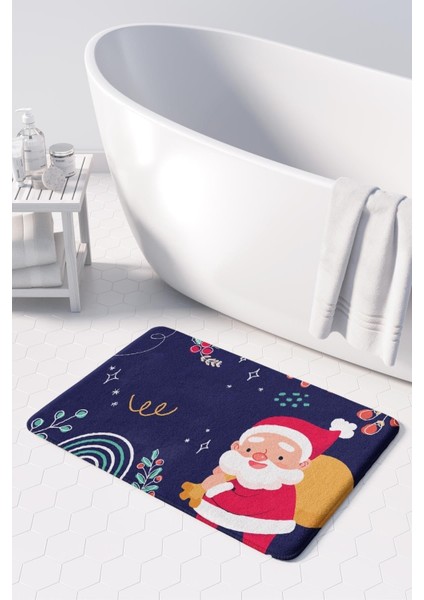 Sevimli Baskılı Yılbaşı Dekoru Banyo Paspası Seti, Mikrofiber, Kaymaz Taban, 50x80 ve 40x60 cm