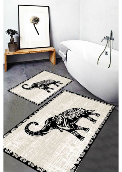 Modern Dijital Fil Desenli Banyo Paspası, Kaymaz, Yıkanabilir, 50x60 cm, 2'li Set