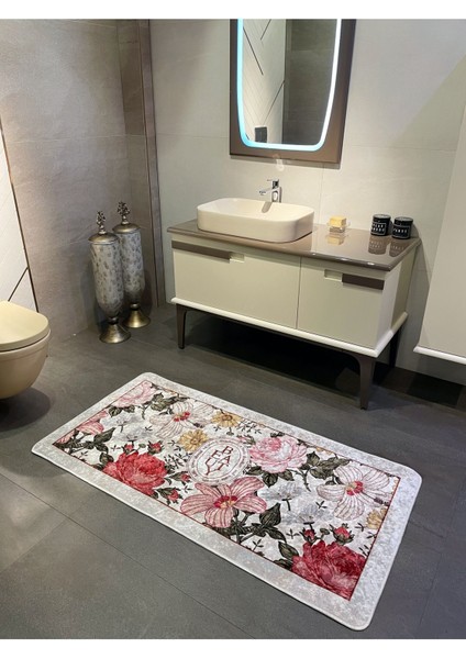 Tekli Çiçek Desenli Beauty Lateks Taban Banyo Paspas (Ebat 60x100)