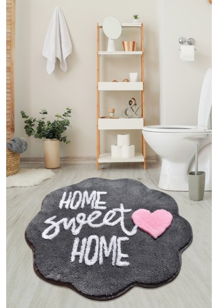 Home Sweet Home Füme Çap 90x90 Cm Klozet Takımı, Banyo Paspas Seti Halısı Akrilik