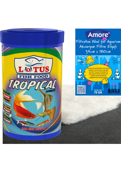 Tropical Mix Granulat 1000 ml Lepistes-Melek-Tetra-Moli Balık Yemi, Soffice Filtre Elyaf 34 x 180 cm 70 gr