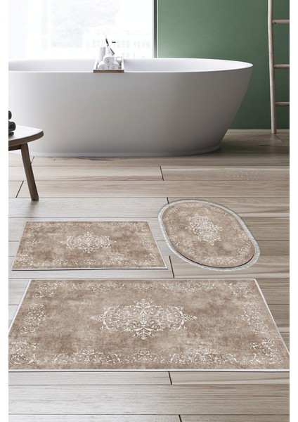 3'lü Yıkanabilir Kaymaz Taban Banyo Paspas Seti 60x100 Bej