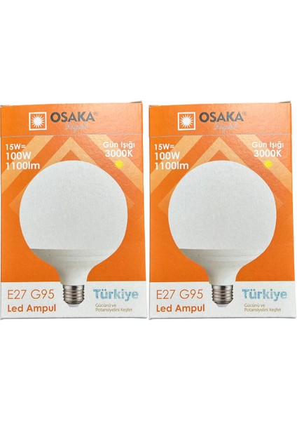 15W (100W) 3000K (Günışığı) E27 Duylu G95 LED Glop Ampul (2 Adet)