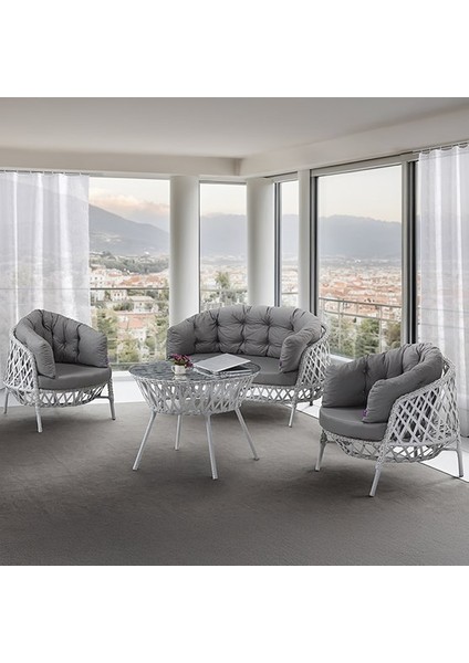 Viola Serisi Beyaz Rattan Gri Minder Bahçe Takımı, Balkon Takımı